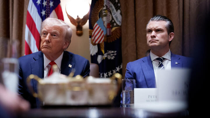 US President Donald Trump and Defence Secretary Pete Hegseth, appear during a Cabinet meeting at the White House on February 26, 2025 in Washington, DC.