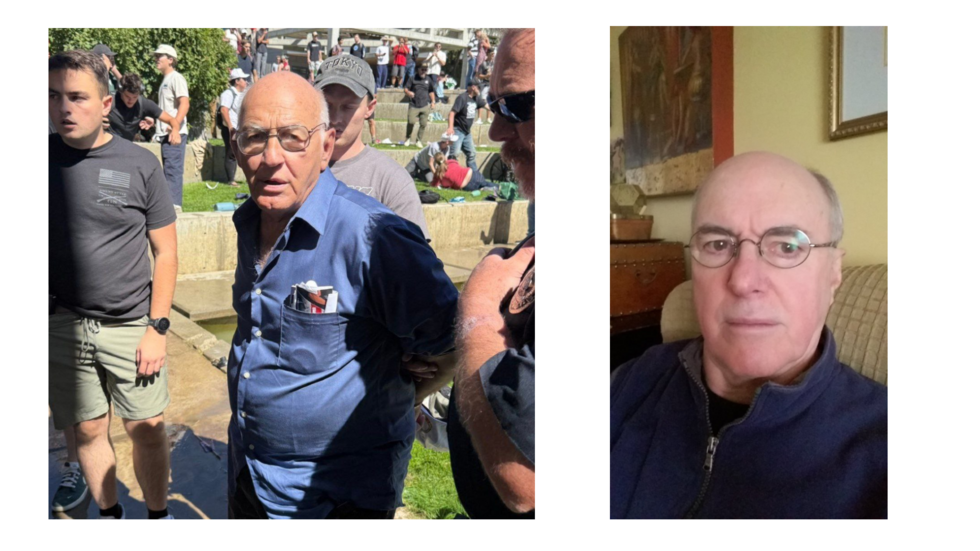 Left is the image of a man taken into custody by the police after the September 10, 2025 shooting of Charlie Kirk. Right is a photo of Michael Mallinson, a retired Canadian banker wrongly identified by online users as the suspected shooter.
