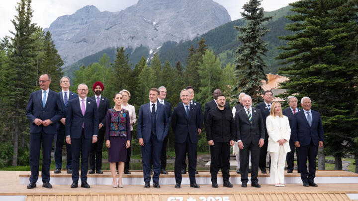 World leaders during a family photo at the G7 Leaders' Summit on June 17, 2025 in Kananaskis, Alberta.
