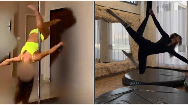 Left: An Iranian dancer practises pole-dancing in a private underground venue. Right: Another Iranian woman performs aerial dance in a women-only gym. In a country where women are banned from riding motorbikes, singing or dancing in public and appearing in public without a hijab, both aerial and pole dance are acts of defiance and, for many, forms of resistance.