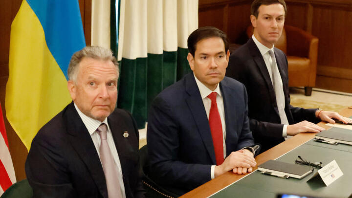 US Special Envoy Steve Witkoff, Secretary of State Marco Rubio and Jared Kushner attend a meeting with Ukrainian officials on Nov. 30, 2025, in Hallandale Beach, Florida.