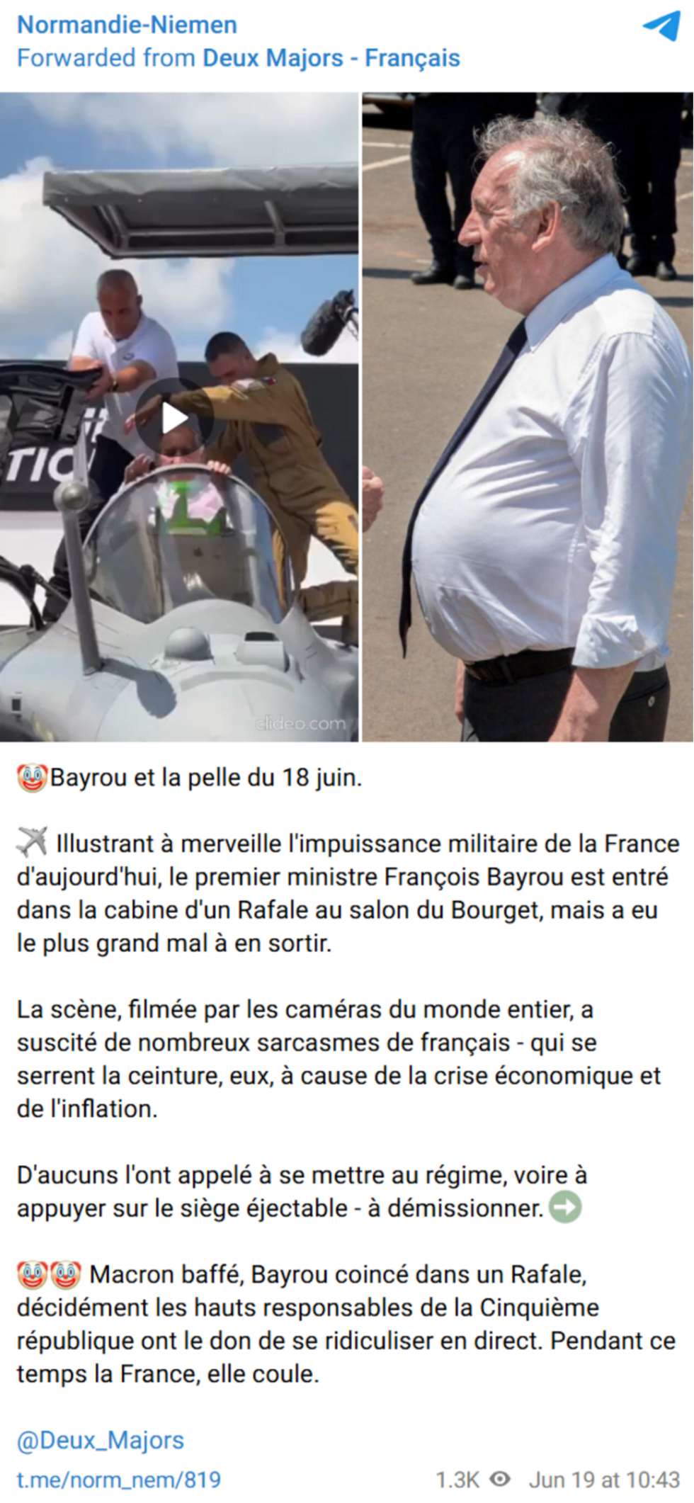 A post on the Normandie-Niemen unit’s Telegram channel from June 19, 2025, mocks then-French Prime Minister François Bayrou’s struggle to get out of the cabin of a Rafale fighter jet.