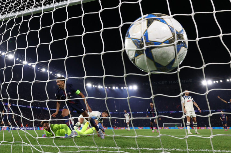 Paris Saint-Germain's Brazilian defender Marquinhos scores first goal during the Champions League match between Paris Saint-Germain and Atalanta at the Parc des Princes stadium in Paris.