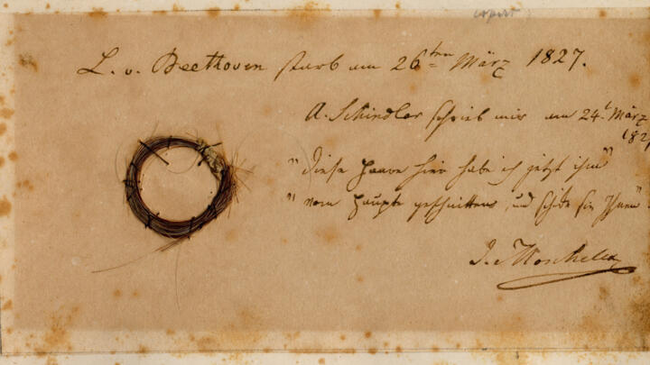 This undated image released by the Beethoven Studies, San Jose State University, shows the Moscheles Lock of German composer Ludwig van Beethoven, authenticated by the study, with inscription by former owner Ignaz Moscheles.