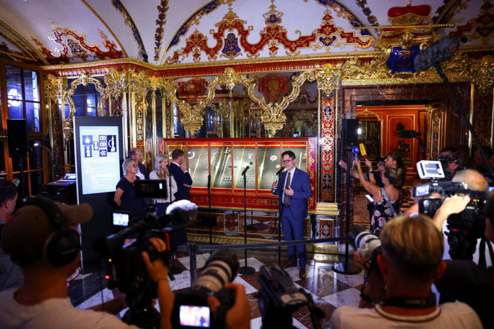 The director of the Green Vault, talks to the media, as items recovered from a jewel heist in 2019 go back on display after their restoration, in Dresden, Germany on August 13, 2024.
