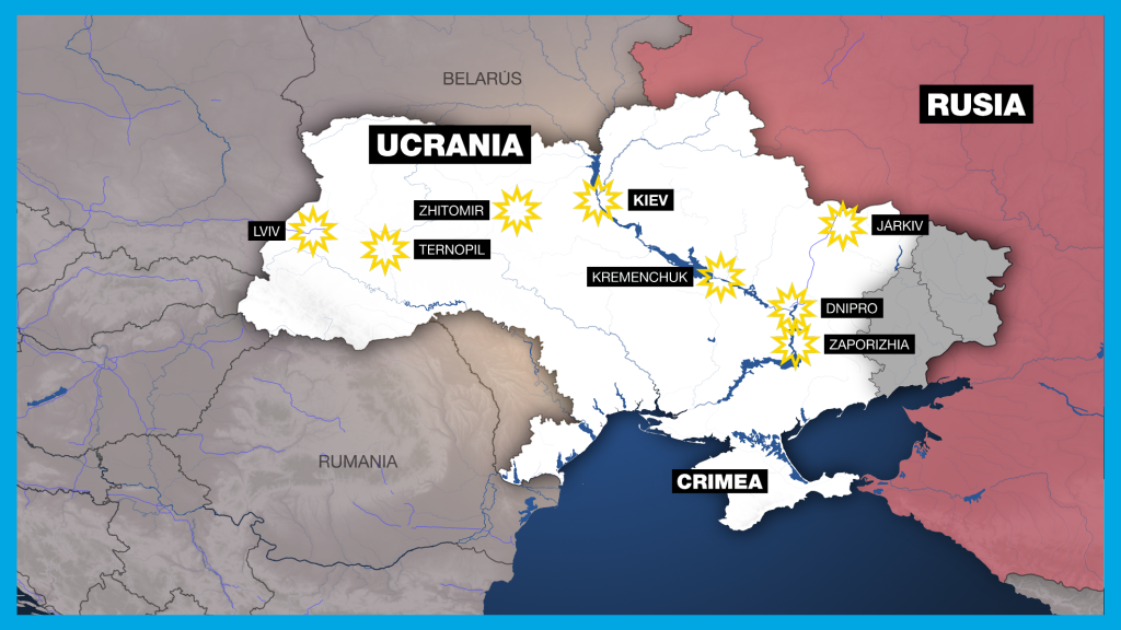 Las ciudades que fueron afectadas por bombardeos rusos durante la jornada del 10 de octubre de 2022.