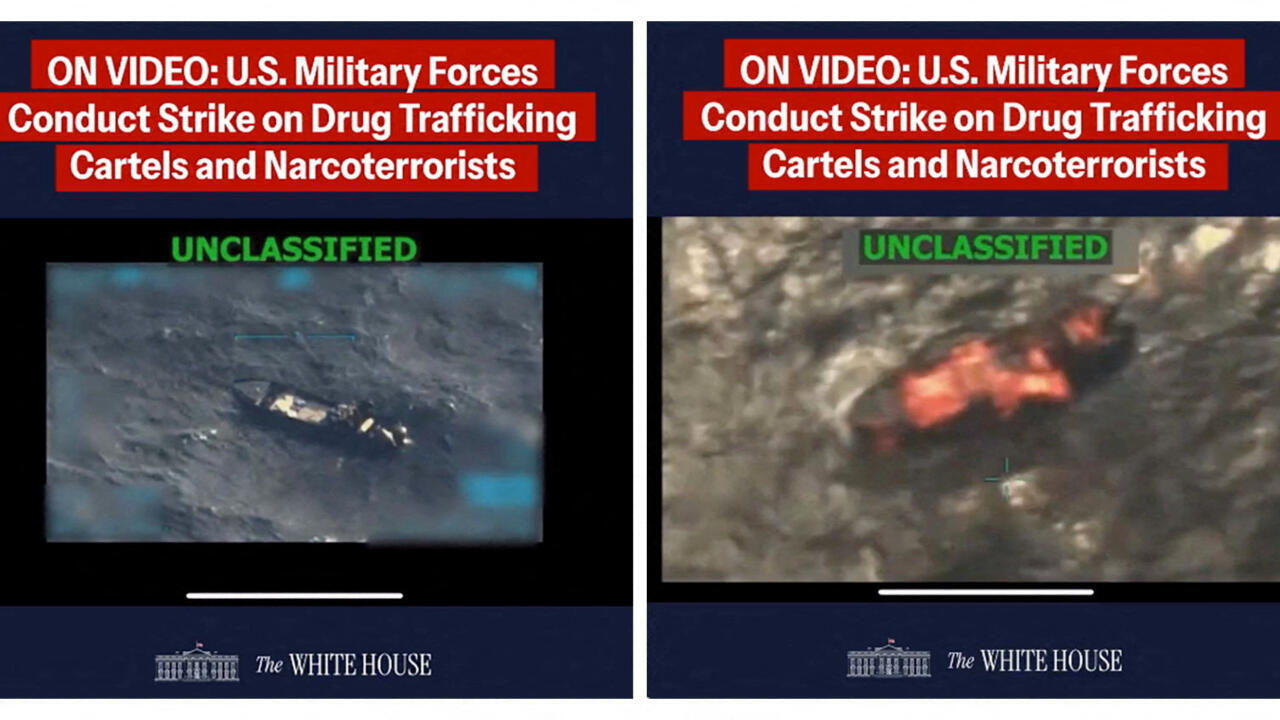 Archivo: una imagen combinada muestra dos capturas de pantalla de un video publicado en la cuenta X de la Casa Blanca el 15 de septiembre de 2025. Este video muestra lo que el presidente estadounidense Donald Trump describió como un ataque militar estadounidense contra una embarcación de un cártel de la droga venezolano que se dirigía a Estados Unidos. /Imagen desenfocada en la fuente. Líneas de verificación: Reuters revisó la grabación con nuestra herramienta de detección de IA y no encontró evidencia de manipulación. Sin embargo, la grabación está parcialmente desenfocada, lo que impide confirmar si el video está manipulado. La verificación exhaustiva es un proceso continuo y Reuters continuará revisando la grabación a medida que se disponga de más información.