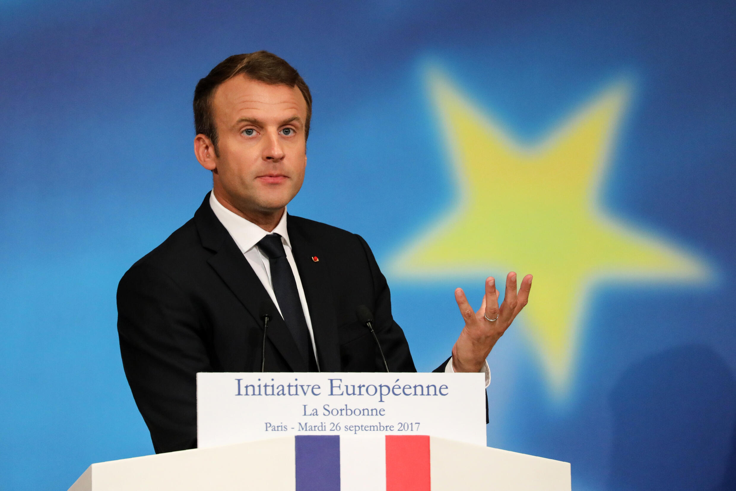 Le président Emmanuel Macron prononce un discours sur l'Europe à la Sorbonne, le 26 septembre 2017 à Paris