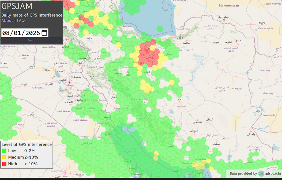 A significant level of GPS interference was identified in Tehran on January 8, 2026 (shown in red on the map).