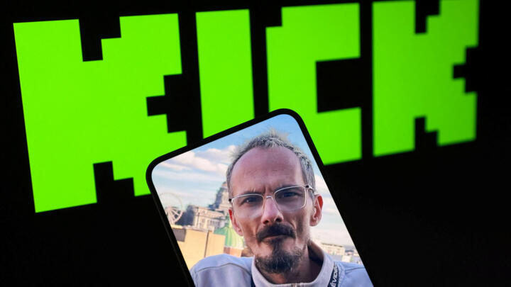 Photo of Raphael Graven, known online as Jean Pormanove, and Kick logo are seen in this illustration taken August 21, 2025.