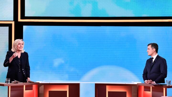 Head of far-right National Rally party Marine Le Pen speaks at a debate with Interior Minister Gerald Darmanin on political talk show "Vous avez la parole" ("It's your turn to speak") on France 2 television on February 11, 2021.