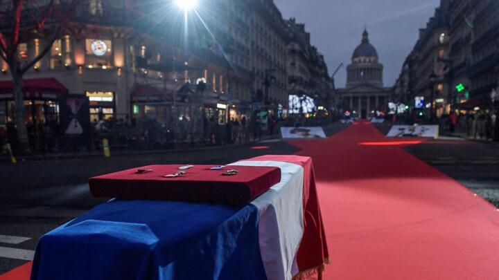 A coffin that bears handfuls of earth from four places where Josephine Baker lived (but not her remains) before its placement in the Panthéon in Paris on November 30, 2021.
