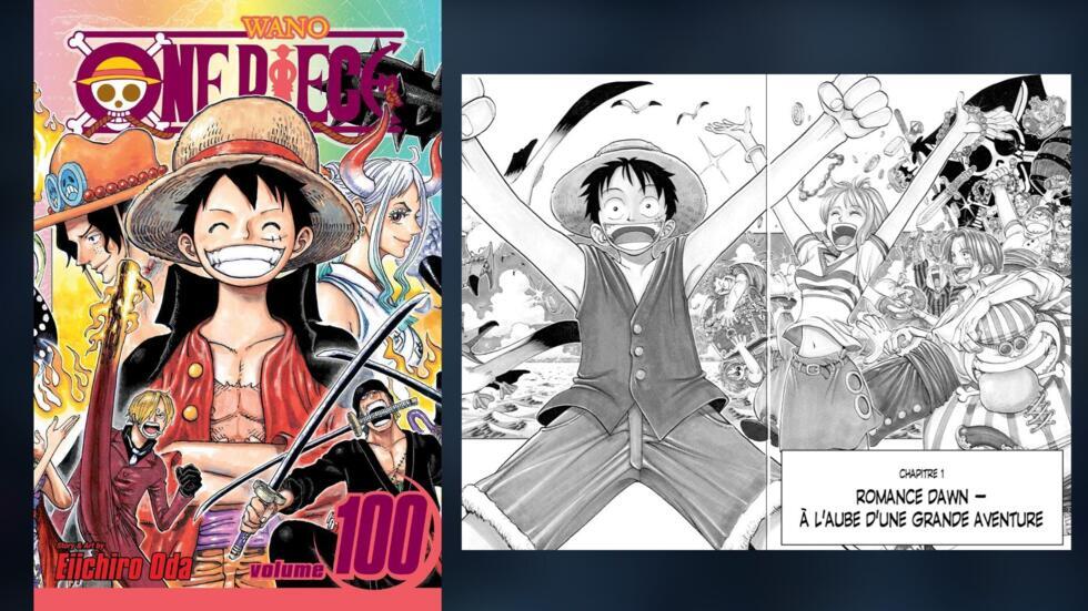 At left is the cover of Volume 100 of One Piece. At right is a screengrab of the second page of an issue that came out on September 26, 2021.