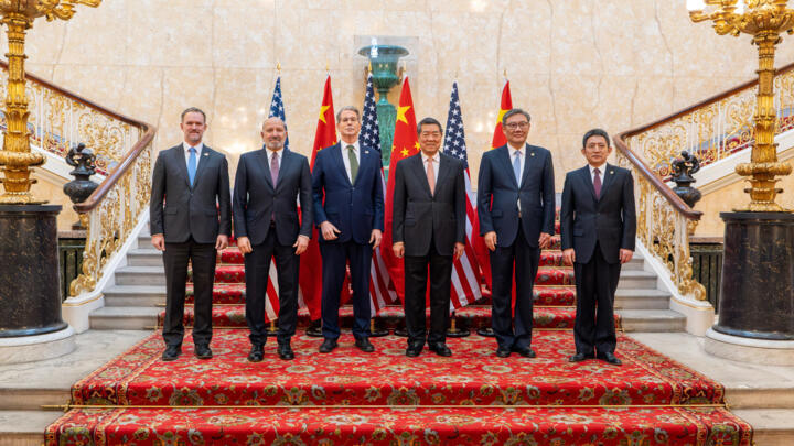 US trade delegation Jamieson Greer, Howard Lutnick, Scott Bessent, and China's He Lifeng, Wang Wentao, and Li Chenggang, at the Lancaster House in London on June 9, 2025