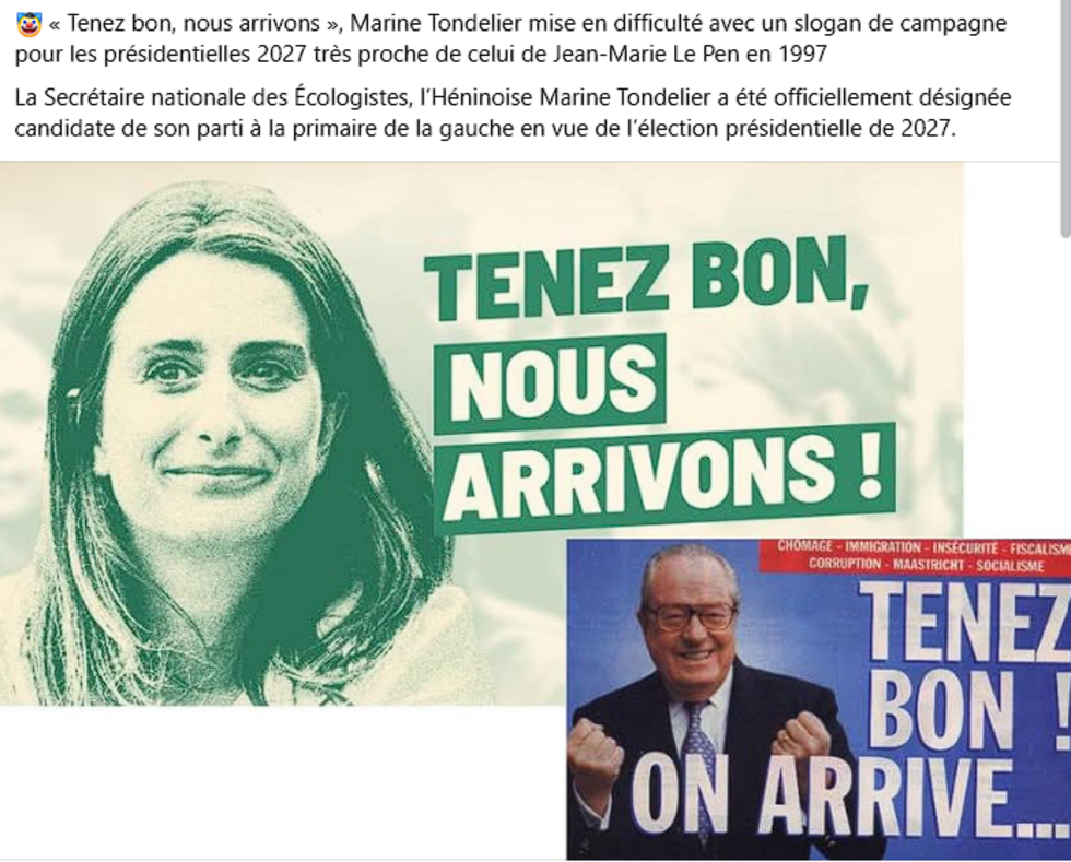 Sur un groupe de soutien à Marion Maréchal, un internaute affirme le 9 décembre 2025 que Marine Tondelier aurait repris le slogan "Tenons bons, nous arrivons".