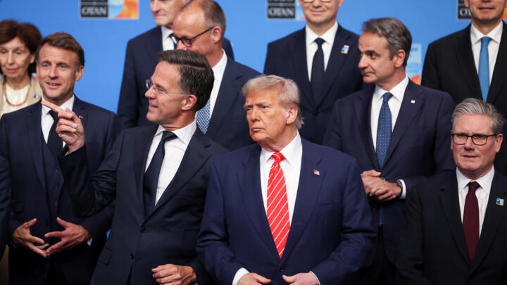 NATO Secretary General Mark Rutte, US President Donald Trump and Britain's Prime Minister Keir Starmer pose for a family photo with NATO leaders during a NATO leaders summit in The Hague.