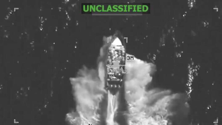 Screen grab of a video from the US military showing a strike on a presumed drug boat in the Pacific.