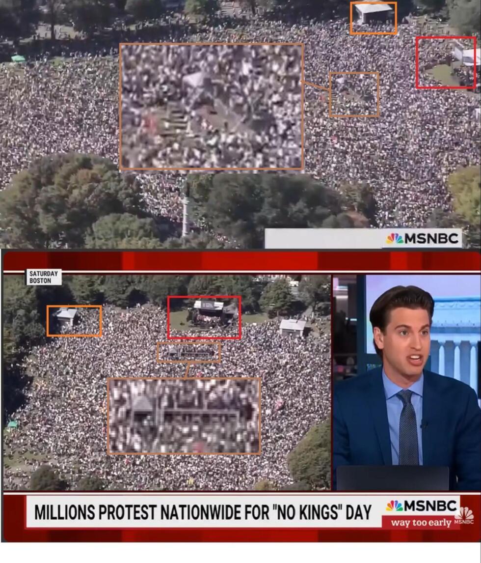 Above is a screengrab of the video of the Boston “No Kings’ protest on October 18, 2025, posted on X by Republicans Against Trump. Below is a video of the same protest posted on MSNBC’s YouTube channel.