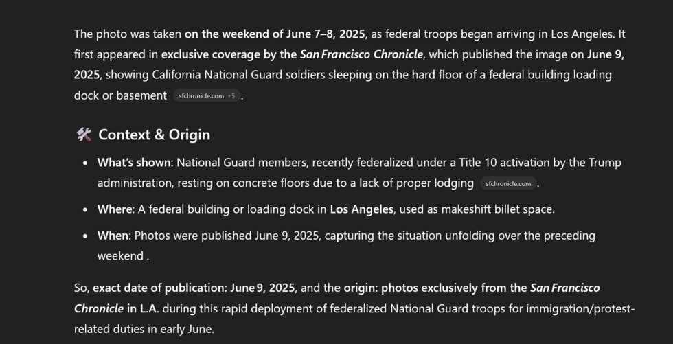 Une recherche de l’origine des photographies publiées par Gavin Newson effectuée par ChatGPT le 10 juin 2025 à 17h46, retourne des résultats corrects. Source chat GPT, La rédaction des Observateurs.