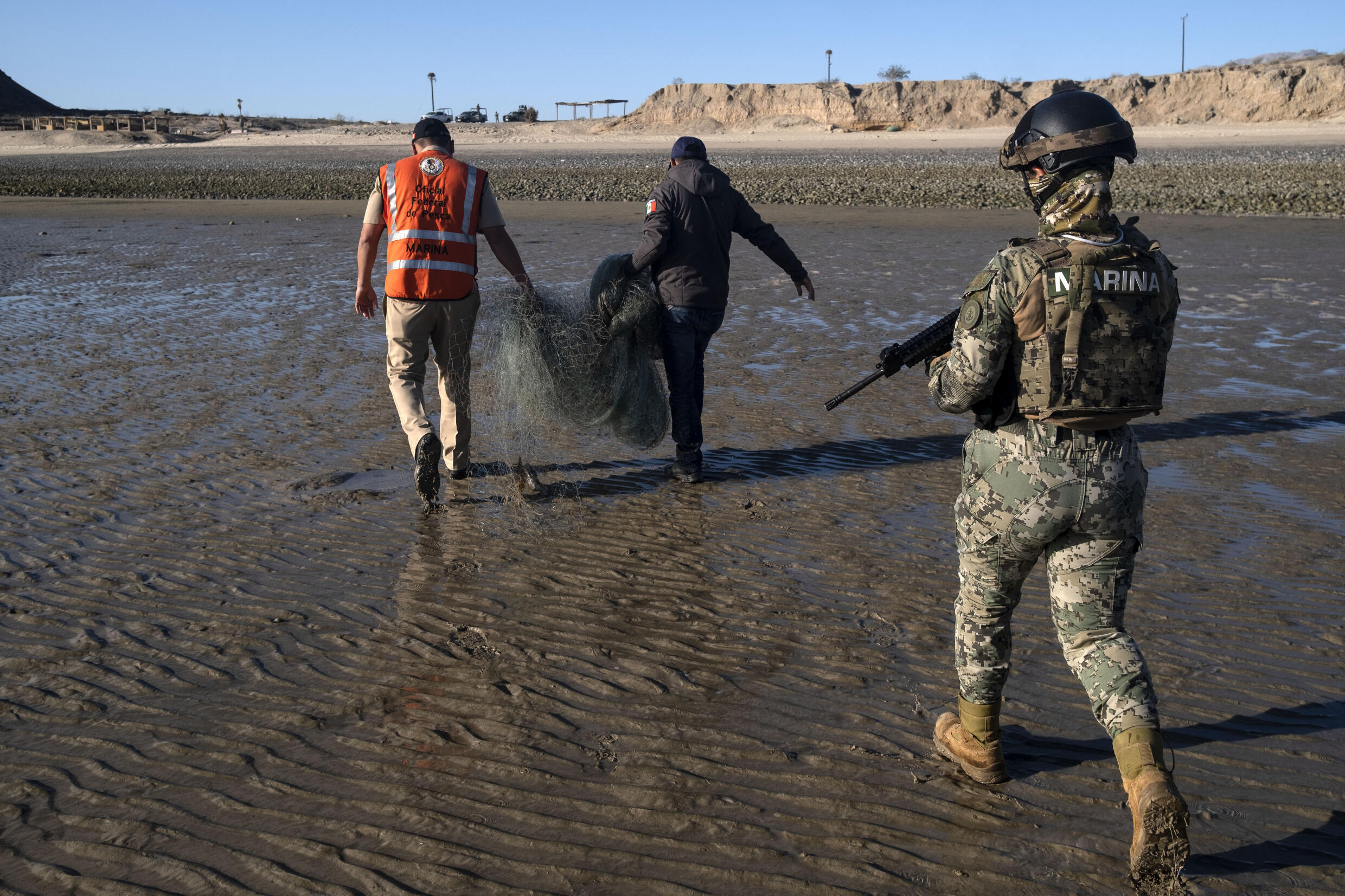 Un oficial de la marina mexicana protege a los pescadores que recuperan las redes durante una operación de rescate en el Golfo de California, el ave marsopa más pequeña del mundo, la wakita.