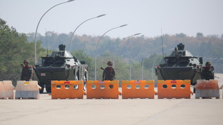 A military checkpoint on the way to the congress compound in Naypyitaw, Myanmar, February 1, 2021.