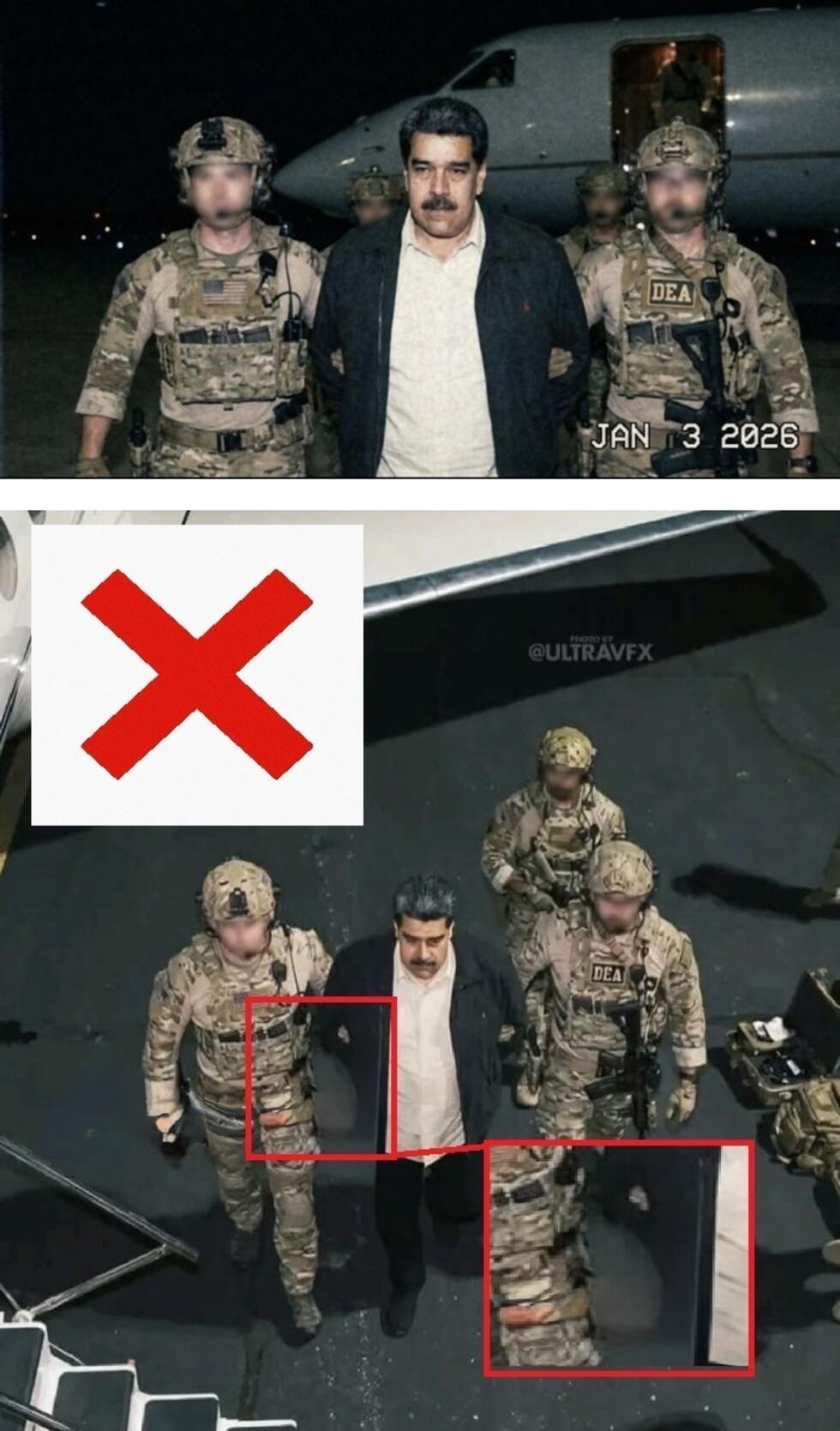 Deze beelden van de arrestatie van Maduro, gepubliceerd op 3 januari 2026, zijn gegenereerd door de kunstmatige intelligentie van Google. Ons team heeft de contouren in rood toegevoegd.