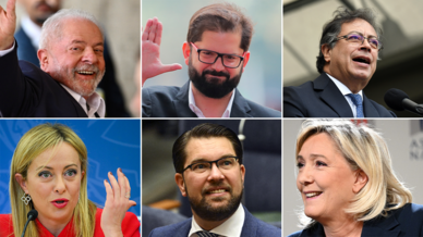 Combinación de imágenes, en el margen superior de izquierda a derecha: el presidente electo de Brasil, Luiz Inácio Lula da Silva, el mandatario de Chile Gabriel Boric y su homólogo de Colombia, Gustavo Petro. En el margen inferior, de izquierd a derecha: la primera ministra de Italia Giorgia Meloni, el líder del partido ultraderechista Demócratas de Suecia, Jimmie Akesson, y la líder del partido de extrema derecha Agrupación Nacional, la francesa Marine Le Pen.