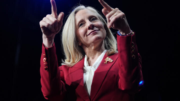 Democrat Abigail Spanberger points to the crowd after she was declared the winner of the Virginia governor's race during an election night watch party on November 4, 2025.