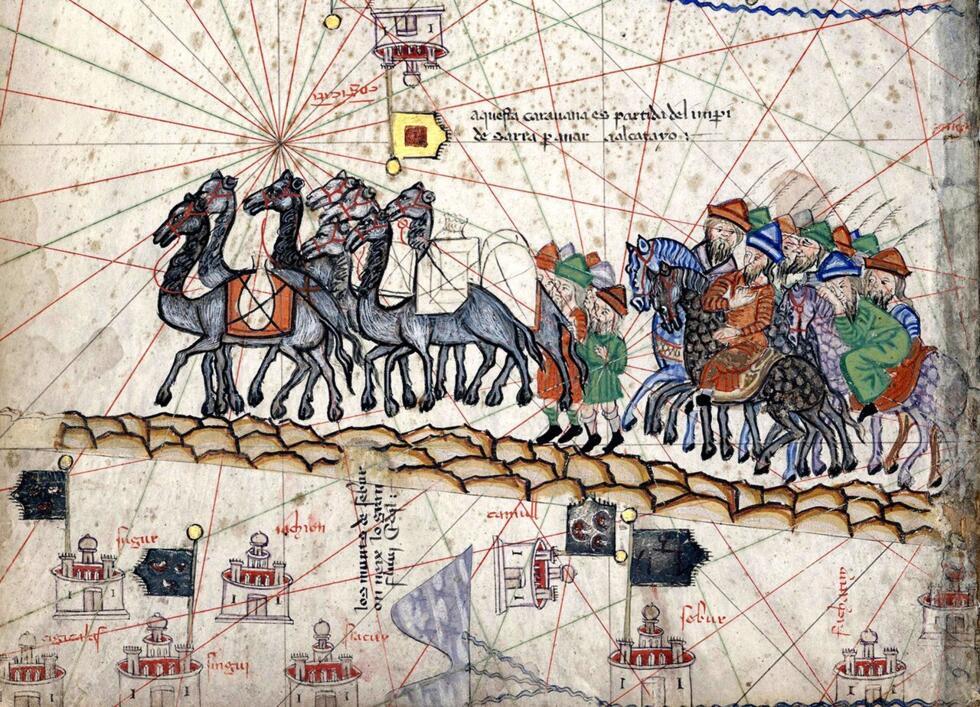 La caravane de Marco Polo voyageant vers les Indes, tiré de l'Atlas catalan réalisé en 1375.