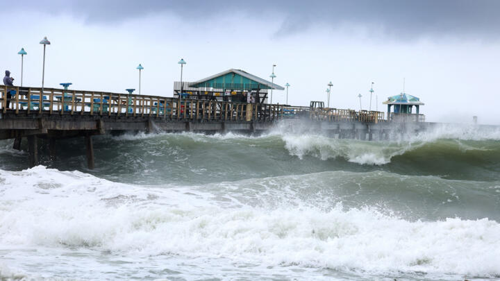 Tropical Storm Nicole whips up the sea near Anglin's Fishing Pier, in Lauderdale-By-The-Sea, Florida, on November 09, 2022.