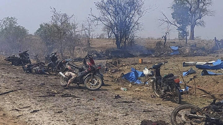 This photo provided by the Kyunhla Activists Group shows the aftermath of an airstrike in Pazigyi village in Sagaing Region's Kanbalu Township, Myanmar, Tuesday, April 11, 2023.