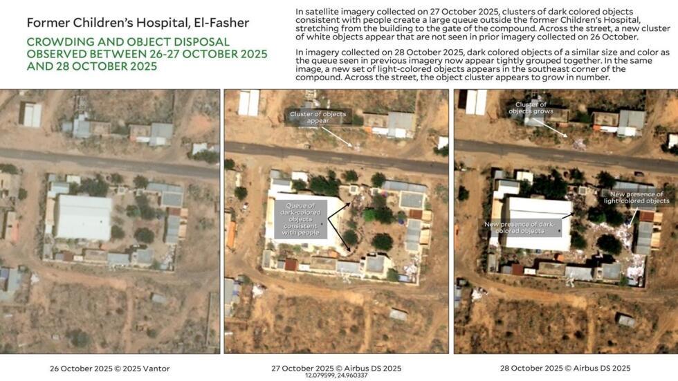 These images, posted on October 26, 27 and 28, 2025, show what seems to be a pile of several dozen bodies in front of the El-Fasher Children’s Hospital, which appears to have been then moved.