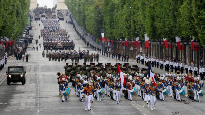 Indonesian army drumband Gabundan members parade during the annual Bastille Day military parade