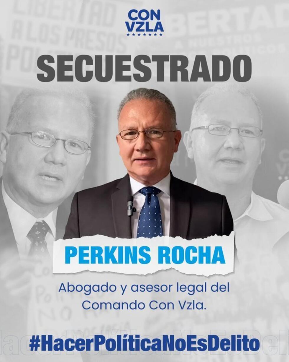 This image was posted on August 27, 2024 by María Corina Machado’s political party Vente Venezuela to denounce the arrest of Perkins Rocha. The slogan translates roughly to “politics isn’t a crime”.