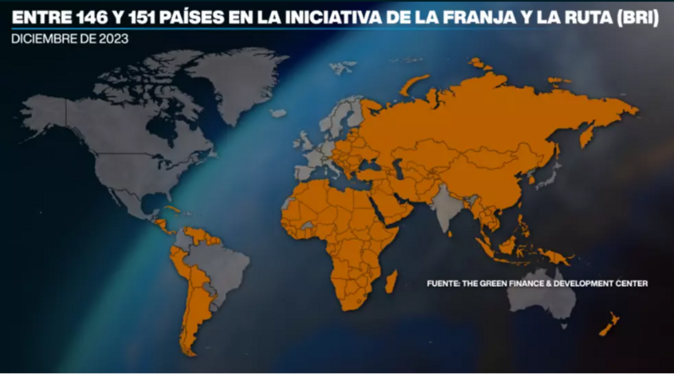 Mapa de los países que componen la Franja y la Ruta a corte de diciembre de 2023.