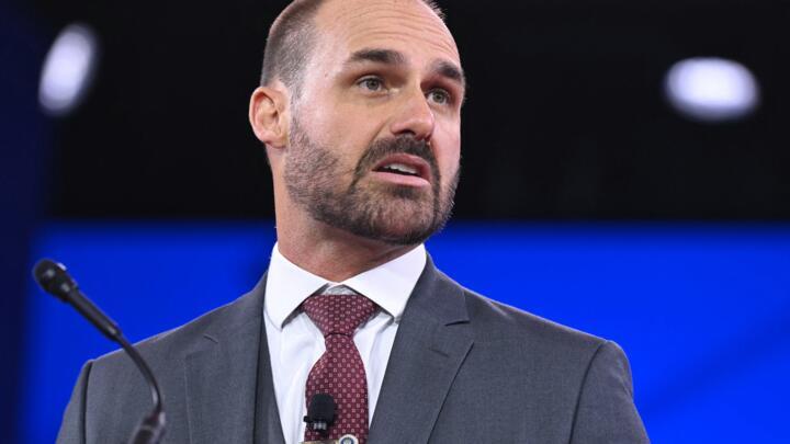Brazilian politician Eduardo Bolsonaro, son of Jair Bolsonaro, speaks during the annual Conservative Political Action Conference (CPAC) at the Gaylord National Resort & Convention Center at National Harbor in Oxon Hill, Maryland, on February 20, 2025.
