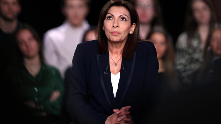 Paris Mayor and Socialist Party presidential candidate Anne Hidalgo looks on during the politics show "Elysée 2022" on French TV channel France 2, in Saint-Denis, outside Paris, on April 5, 2022.