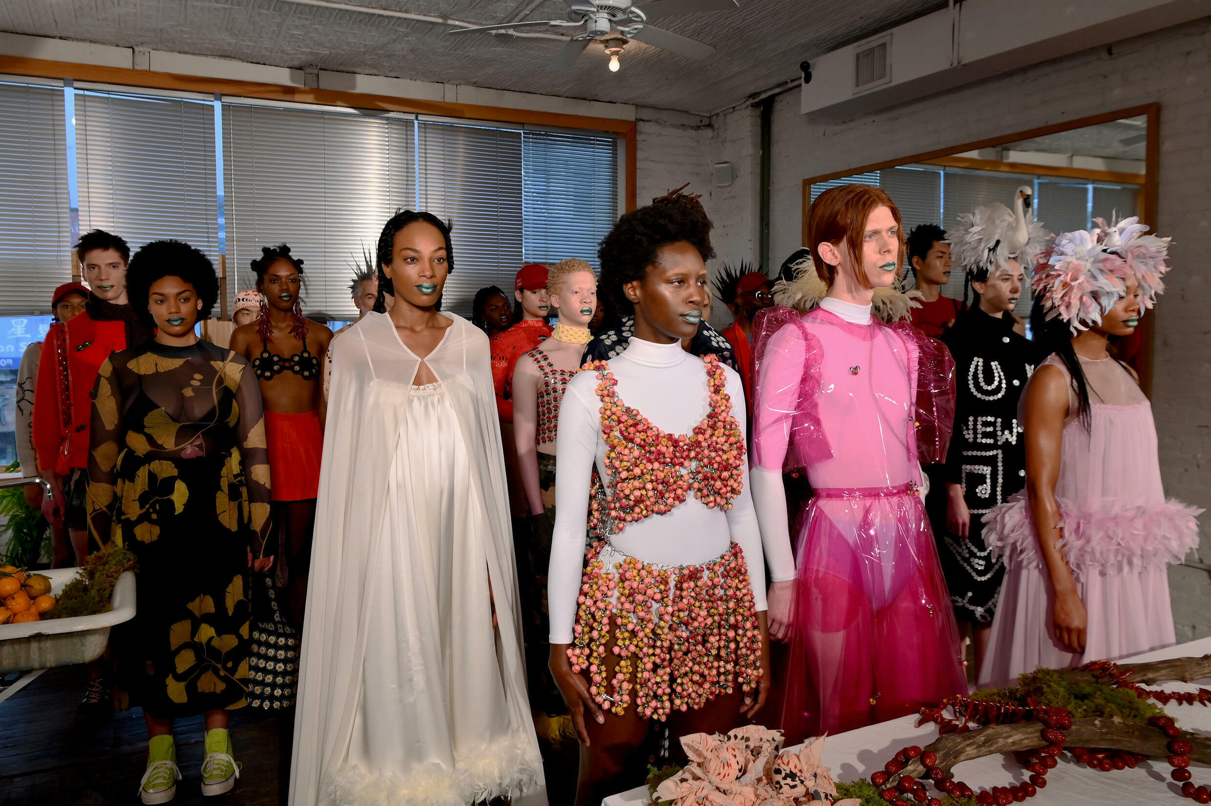 Models pose during the presentation of the label Dauphinette, among the small labels urging a shift to sustainble fashion