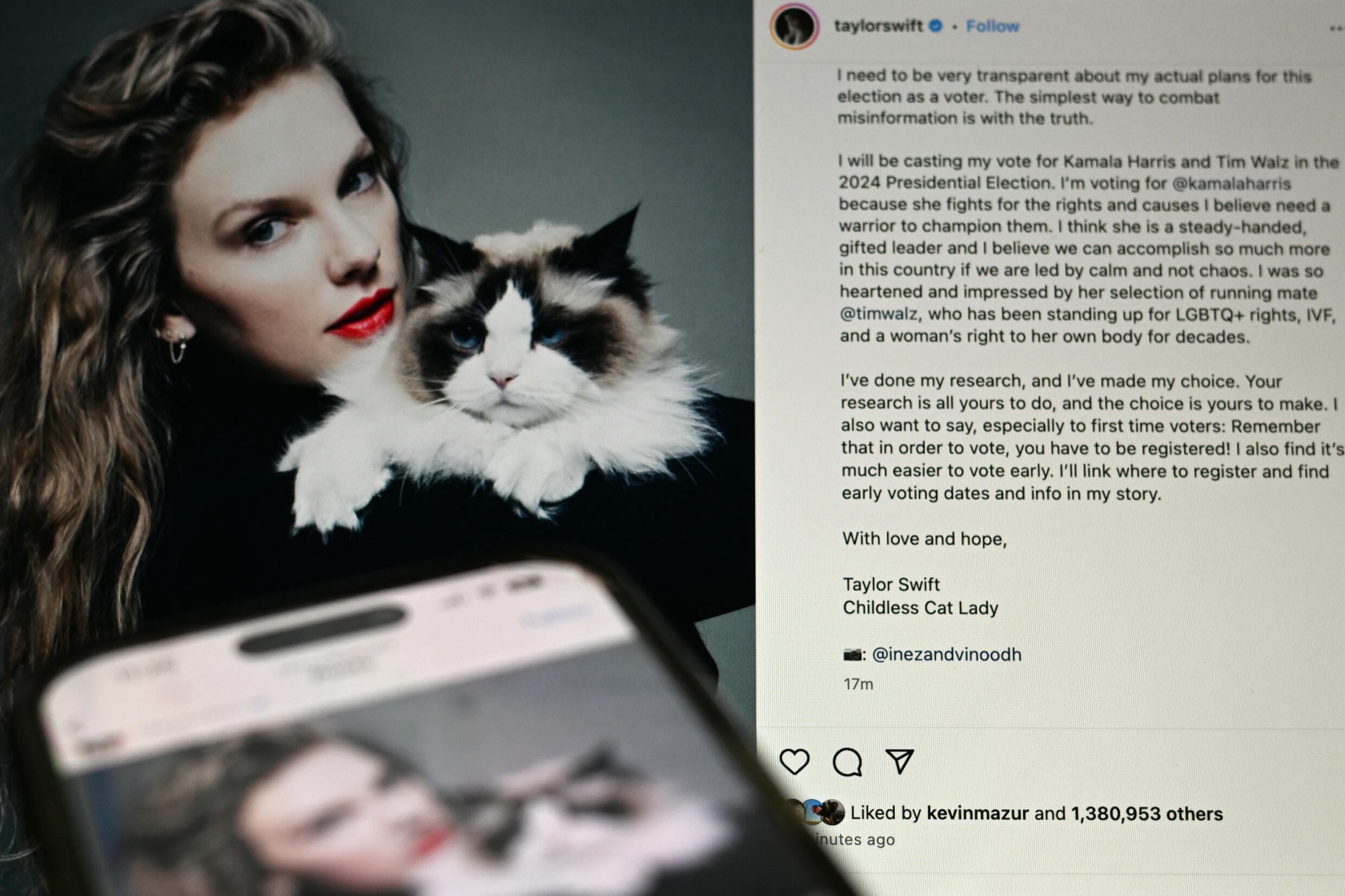 Photo prise à Washington le 10 septembre 2024 montrant la publication Instagram dans laquelle la superstar de la pop Taylor Swit apporte son soutien à la démocrate Kamala Harris.