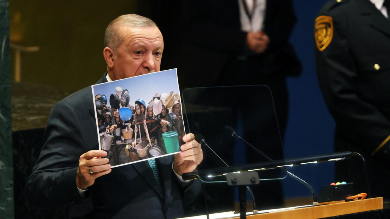 Turkish President Recep Tayyip Erdogan addresses the UN General Assembly at the UN headquarters in New York on September 23, 2025.