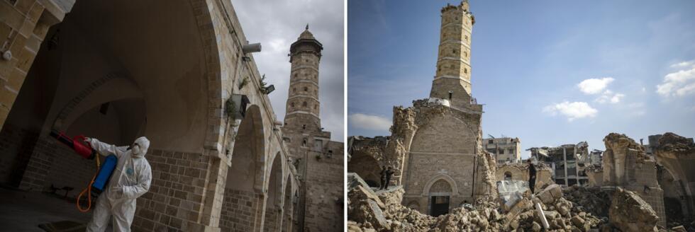 Montaje de imágenes: a la izquierda, la mezquita Al-Omari de la ciudad de Gaza, durante la pandemia de Coronavirus el jueves 12 de marzo de 2020 (Foto AP/Khalil Hamra); a la derecha, la misma mezquita dañada durante una operación aérea y terrestre del ejército israelí en la ciudad de Gaza, el viernes 14 de febrero de 2025 (Foto AP/Jehad Alshrafi)