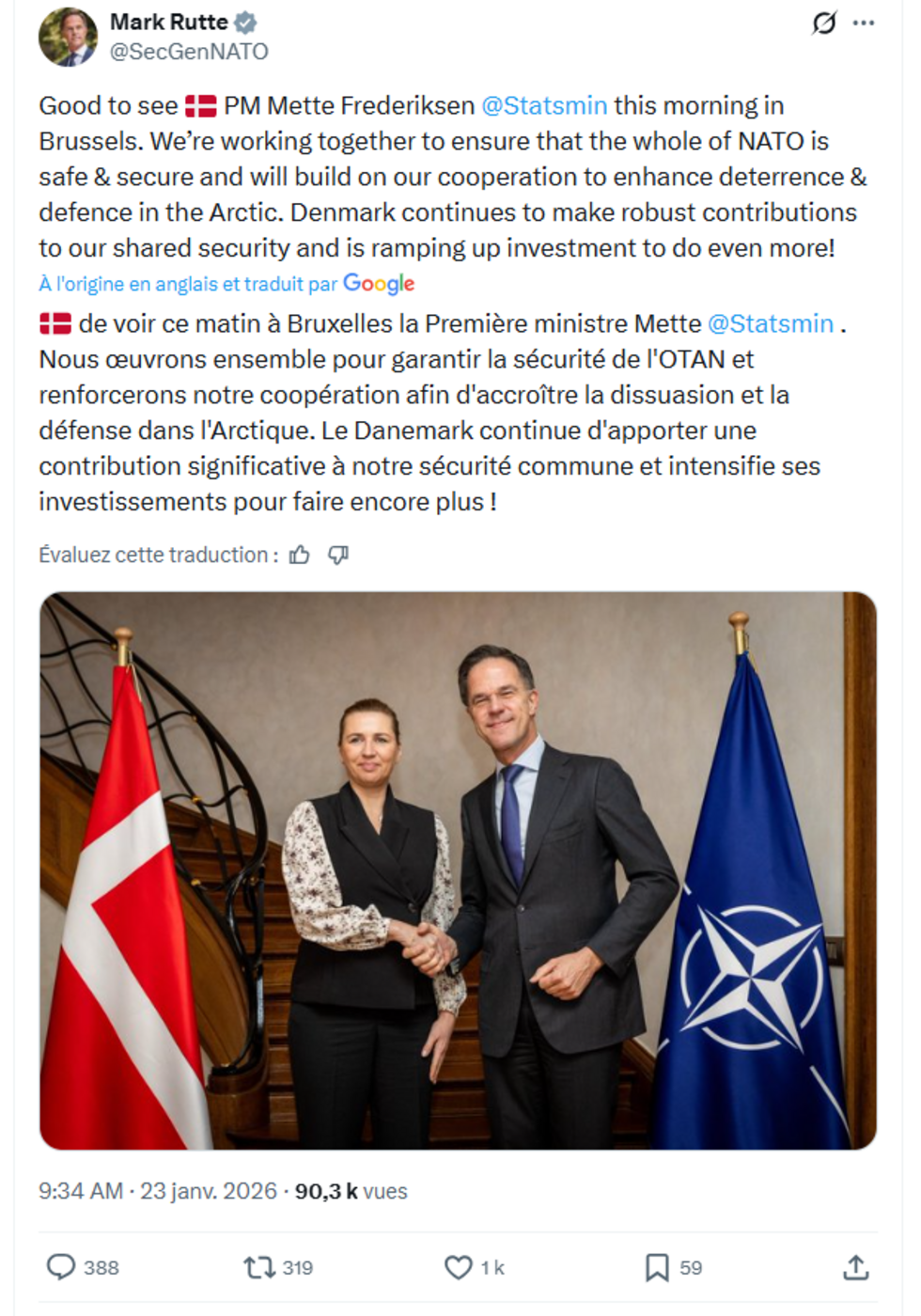 Capture d'écran d'une publication de Mark Rutte sur X, le vendredi 23 janvier 2026