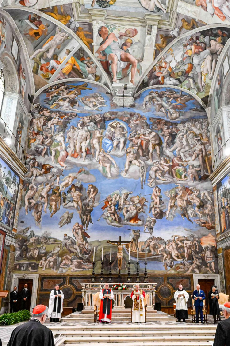 Britain's King Charles III and Queen Camilla attend a joint prayer with Pope Leo XIV and Archbishop of York Stephen Cottrell in the Sistine Chapel at the Vatican on the theme of "Care for Creation"