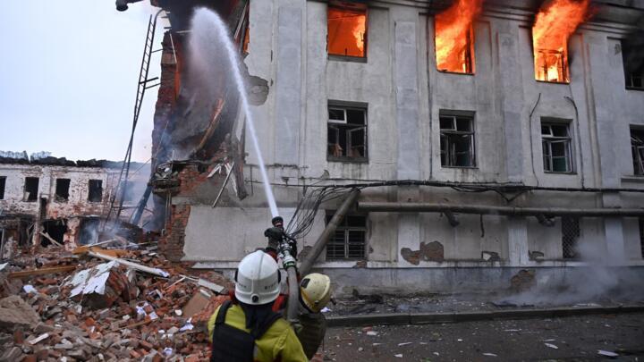 Firefighters extinguish a blaze in Kharkiv, Ukraine*s  second-largest city before dawn