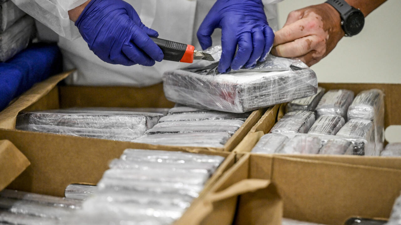 ARCHIVO: Esta fotografía tomada el 2 de mayo de 2023 en la sede de la Policia Judiciaria - PJ (Policía Criminal) en Lisboa muestra a agentes de la Policía Criminal manipulando ladrillos de cocaína (4,2 toneladas), incautados por las autoridades portuguesas ocultos en cajas comerciales de plátanos procedentes de América Latina, en las últimas semanas durante una investigación.