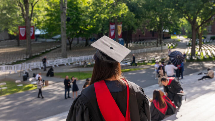 Graduation students, faculty, and family gather in Harvard Yard on May 28, 2025 in Cambridge, Massachusetts.