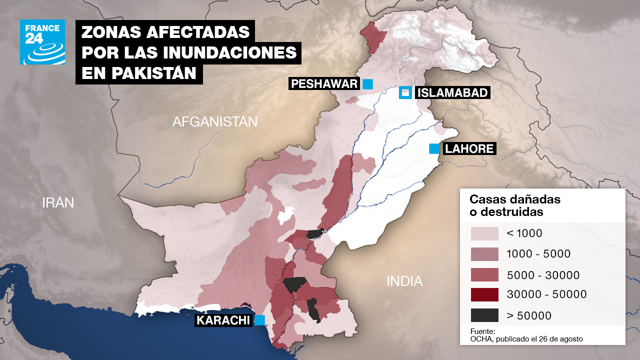 Zonas afectadas por las inundaciones en Pakistán.