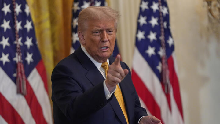 US President Donald Trump gestures during a reception for Republican members of Congress in the East Room of the White House, Tuesday, July 22, 2025, in Washington. 