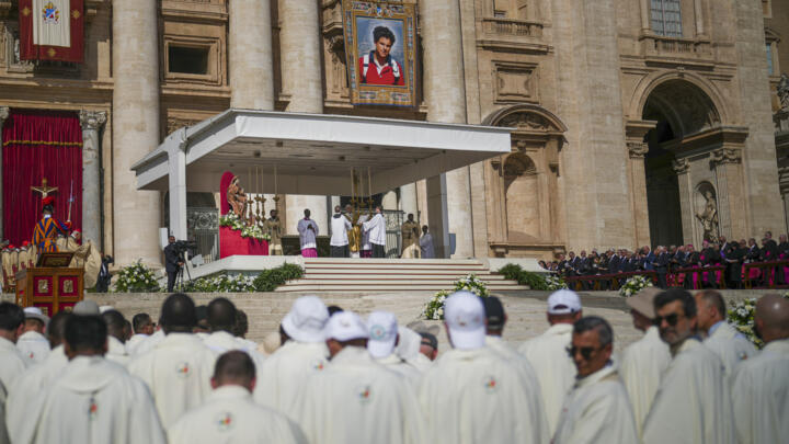 Pope Leo XIV celebrates the canonisation mass of Carlo Acutis and Pier Giorgio Frassati in the Vatican's St. Peter's Square, September 7, 2025.