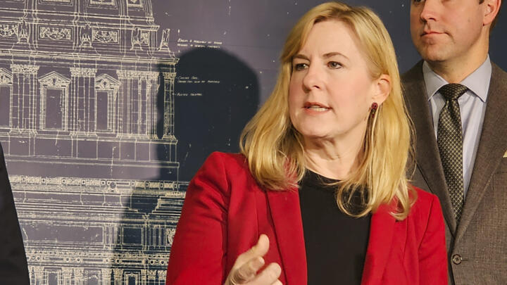 Minnesota House Democratic Caucus Leader Melissa Hortman speaks with reporters at the state Capitol in St. Paul on February 6, 2025. 